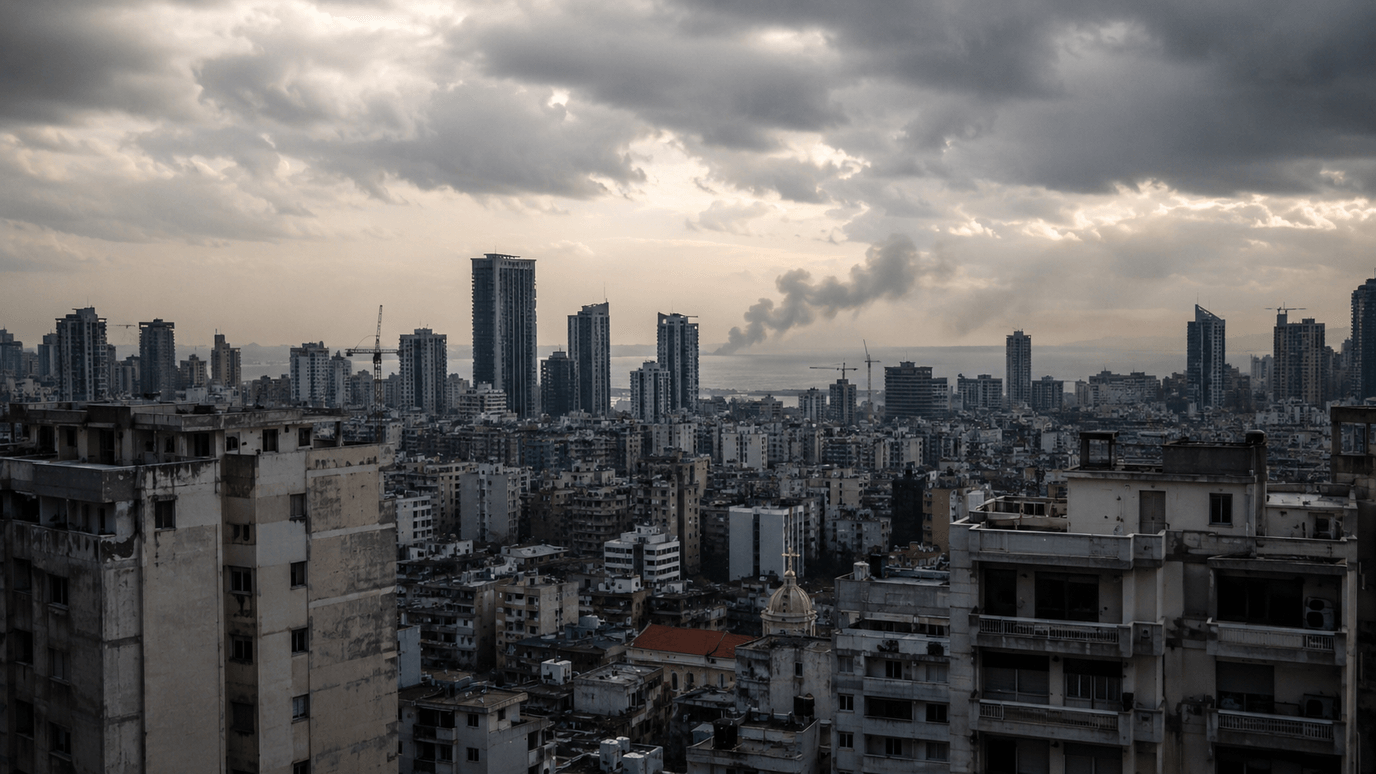 أفق مدينة بيروت تحت سماء داكنة ودخان بعيد في صورة إخبارية جادة