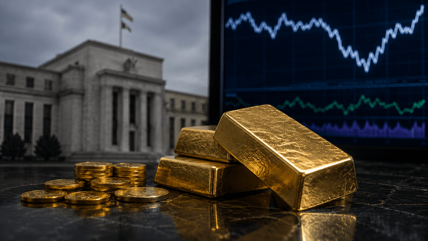 سبائك ذهبٍ أمام مبنى الفيدرالي — الذهب يتراجع نحو 4,000 مع ثبات الدولار