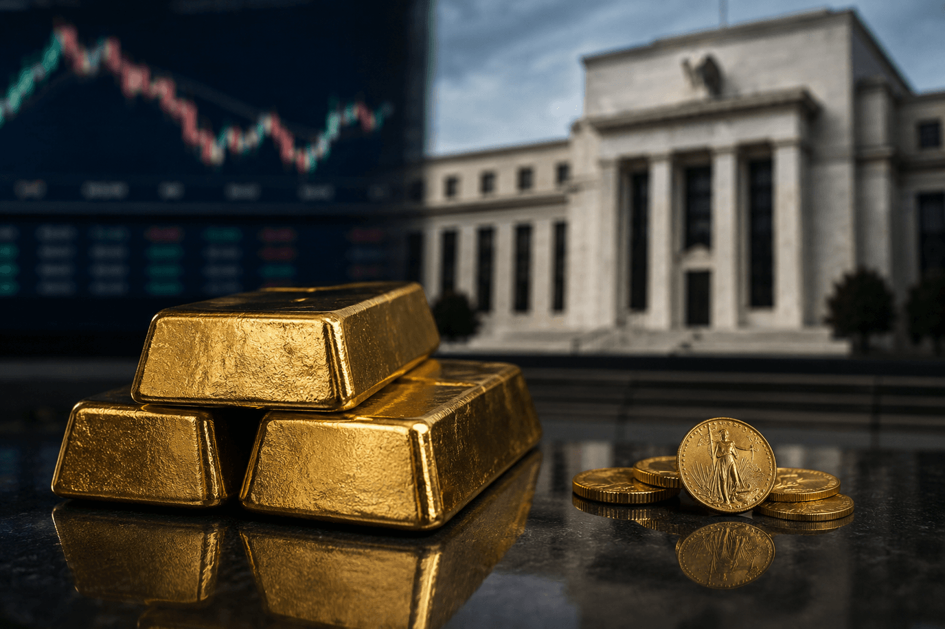 سبائك ذهبٍ أمام مبنى الفيدرالي — الذهب يستعيد 4,000 بعد تصريح وارش عن تراجع توقّعات التضخّم