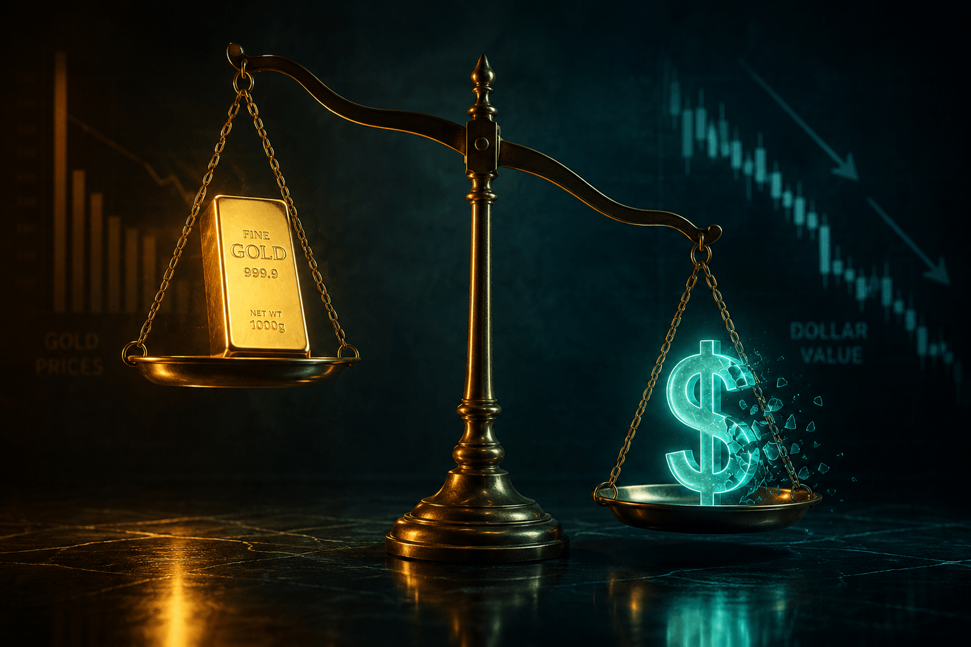 سبائك ذهبٍ مقابل رمز الدولار على ميزان — الذهب تحت ضغط الدولار عند أدنى مستوًى في 8 أشهر