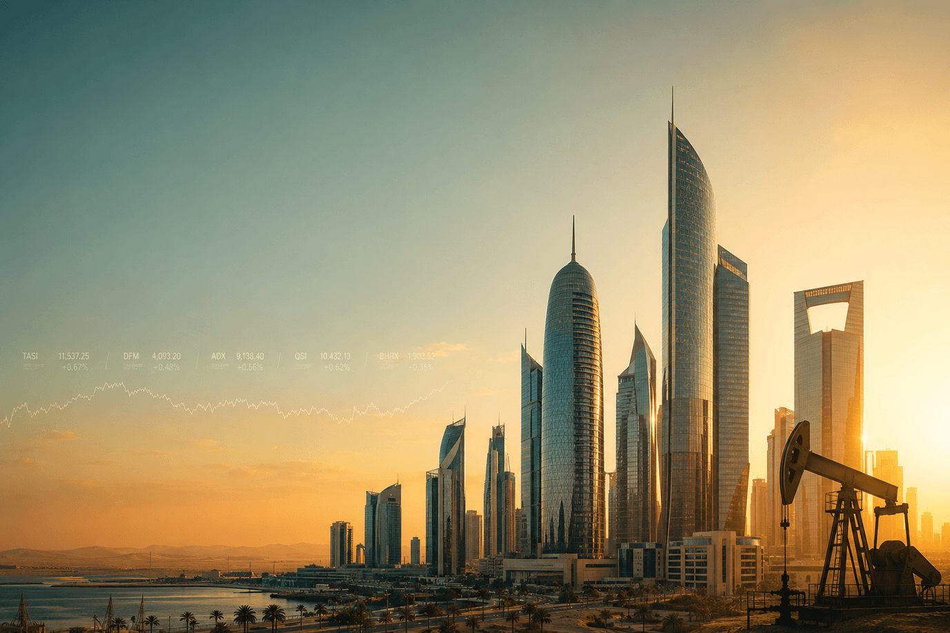 أفق مدينة خليجيّة مع مضخّة نفطٍ — تاسي يفتح الأسبوع على وقع بياناتٍ أمريكيّة ليّنة