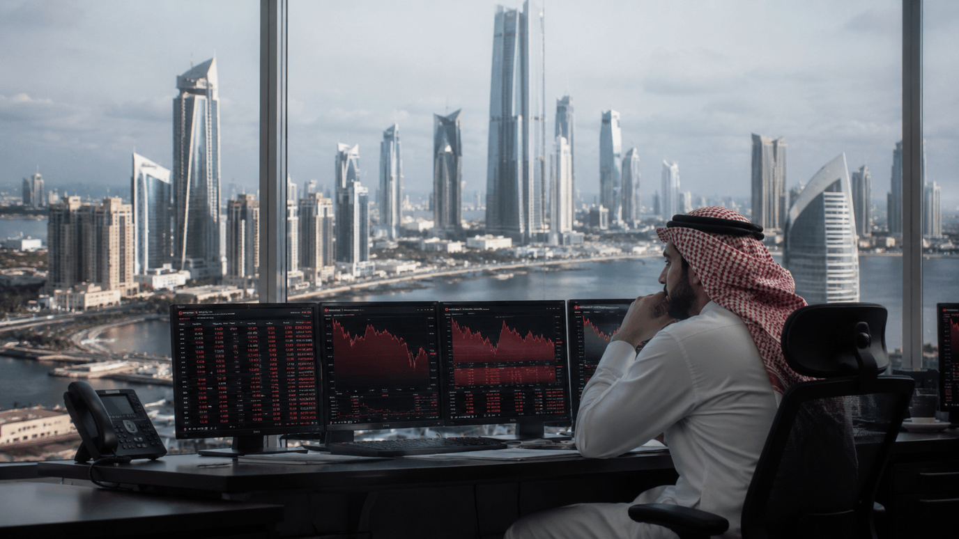 أفق مدينة خليجيّة من الأبراج الزجاجيّة — أسواق الخليج تفتح الأسبوع تحت ظلّ النفط والتقنية