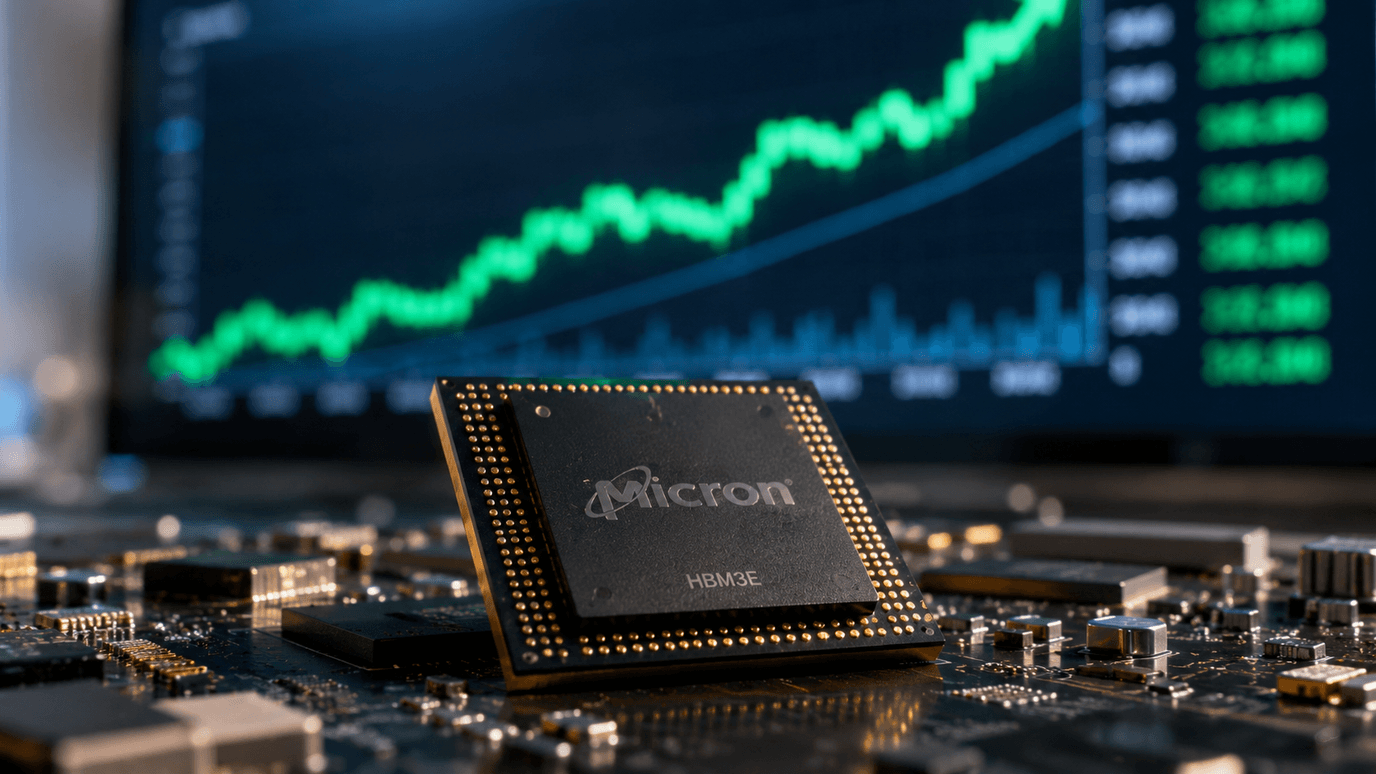 رقاقة ذاكرة Micron HBM3E على لوحة دوائر وخلفها منحنًى أخضر صاعد — نتائج Micron تعيد إشعال موجة الذكاء الاصطناعي وآسيا تقفز